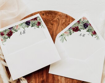 Burgundy Blush Rustic Wedding Envelope Liner Template, Marsala Plum Roses Printable Envelope Liners A1, A2, A7, DIY Digital Download 018