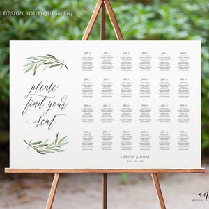 Boho Sage Greenery Seating Chart Template, Printable Horizontal Olive Wedding Bridal Sign Table Plan, Willow Eucalyptus, 100% Editable, 008