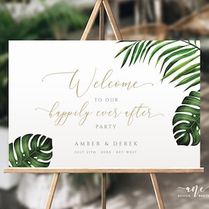 Modello stampabile cartello di benvenuto matrimonio tropicale, poster del cartello per l'acquazzone del bambino nuziale del matrimonio sulla foglia di palma di Monstera sulla spiaggia, download modificabile fai da te 002