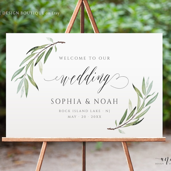 Boho Sage Greenery Wedding Welcome Sign Template, 100% Editable Olive Branch Board Sign, Willow Eucalyptus Watercolor Printable Download 008