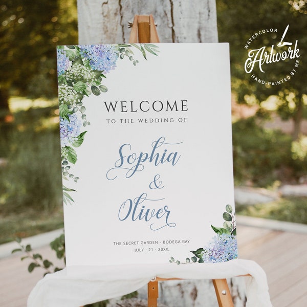 Blue Hydrangea Wedding Vertical Welcome Sign Template, Rustic Garden Boho Wedding Bridal Baby Shower Sign Poster DIY, Printable Download 019