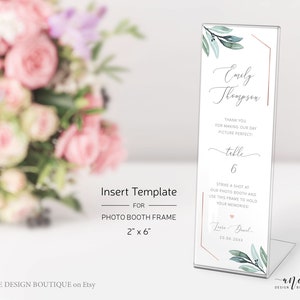 Groen bruiloft bladwijzer gunst sjabloon, gunst tag, afdrukbare Photo Booth invoegen, plaatskaart, Rose goud, eucalyptus bruiloft, bewerkbare 004