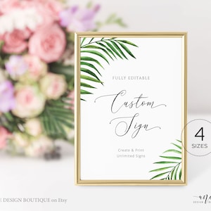 Tropical Destination Wedding Sign Template, Editable Beach Palm Leaf Watercolor Table Sign, Printable Custom Wedding Signs, 5x7 8x10, 002
