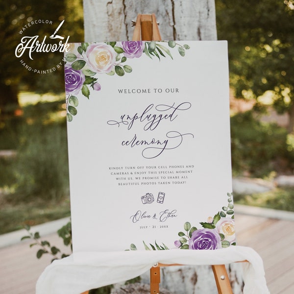 Purple Wedding Unplugged Ceremony Sign Template, Lavender Cream No Phone Camera Printable Welcome Sign, Editable DIY Instant Download 034
