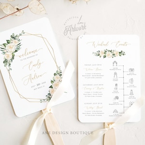 Plantilla de abanico de itinerario de carta de bienvenida de rosas blancas, orden de eventos de boda floral, nota de línea de tiempo del programa, editable, imprimible, descargar 007a