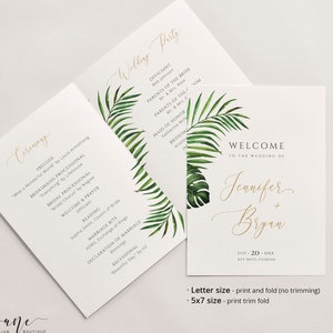 Tropische Hochzeit Programmheft druckbare Vorlage, Palmblatt Bi-Fold Kirchenbroschüre, bearbeitbare Reihenfolge des Service, Zeremonie Inst Download 002