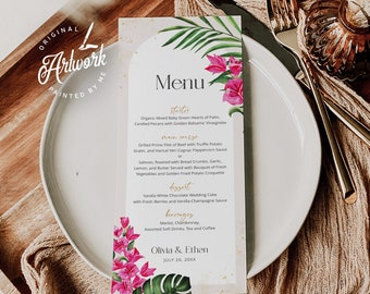 Boho Arch Tropical Wedding Menu Printable Template, Pink Bougainvillea Editable Dinner Menu Card, Gold Dust Bridal Shower Menu Download 002b