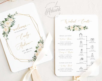 White Roses Welcome Letter Itinerary Fan Template, Floral Wedding Order of Events, Program Timeline Note, Editable, Printable, Download 007a