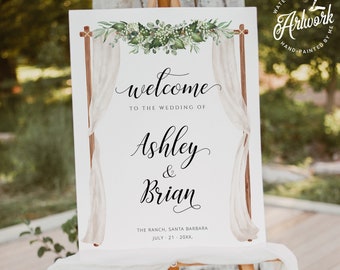 Boho Greenery Wedding Welcome Sign Template Printable, Country Barn Rustic Arch Wedding Editable Bridal Reception Sign Digital Download 018a