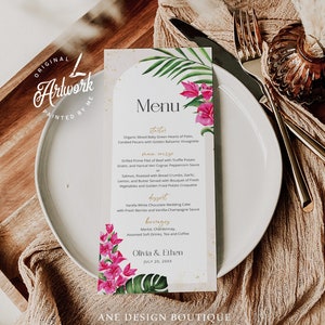 Boho Arch Tropical Wedding Menu Printable Template, Pink Bougainvillea Editable Dinner Menu Card, Gold Dust Bridal Shower Menu Download 002b