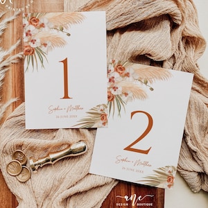 Modelo de números de mesa de casamento em terracota, casamento floral moderno boho em tons terrosos, decoração de mesa de outono em laranja queimado, faça você mesmo para baixar 017b