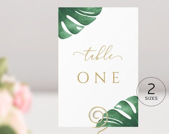 Monstera Table Number Card Template, Tropical Greenery Palm Leaf, Wedding Bridal Table Card 4x6 5x7, Fully Editable, Printable Download 003