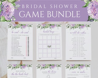 Hand Painted Purple Bridal Shower Games and Signs Bundle Editable Template, Lilac Wedding Shower Printable Bachelorette Party Games Set 019l