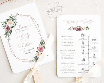 Mauve Roses Program Timeline Fan Template, Floral Wedding Order of Events Printable, Editable Welcome Letter Itinerary Card, Download 007
