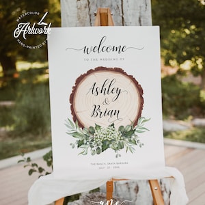 Modello di cartello di benvenuto per matrimonio rustico con fetta di legno, cartello di ricevimento nuziale per il respiro del bambino nel verde del fienile di campagna, modificabile stampabile 018