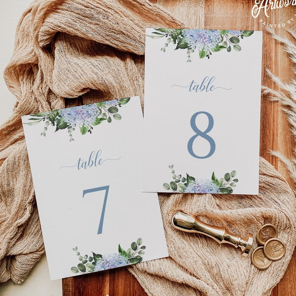 Dusty Blue Hydrangea Wedding Table Number Printable Template, Country Barn Garden Wedding, Boho Bridal Table Card 4x6 5x7, DIY Download 019