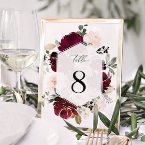 Bourgondië Blush tabel nummer kaartsjabloon, bewerkbare rustiek land winter bruiloft bruids tafel teken kaart 4 x 6 5 x 7, afdrukbare DIY downloaden 025