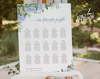 Blue Hydrangea Wedding Vertical Seating Chart Sign Template, Rustic Garden Boho Wedding Bridal Baby Shower Poster Printable Download DIY 019