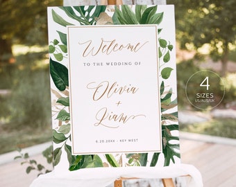 Tropical Wedding Welcome Sign Template, Palm Leaf Greenery Beach Wedding Bridal Baby Shower Sign Poster,100% Editable Printable Download 027