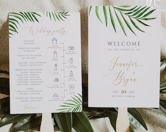 Tropical Wedding Program Fan Printable Template, Palm Leaf Beach Wedding Party, Editable Order of Events Timeline DIY, Digital Download 002