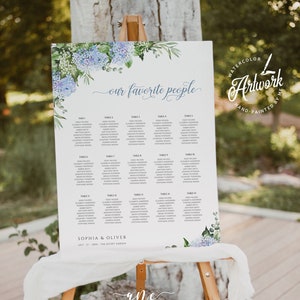 Blauwe hortensia bruiloft verticale zitplaatsen grafiek teken sjabloon, rustieke tuin Boho bruiloft bruids baby shower poster afdrukbare download DIY 019