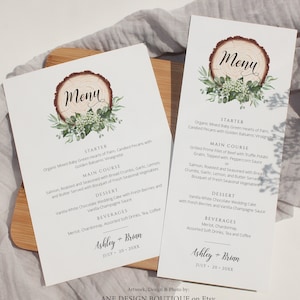 Rustykalny zielony szablon menu weselnego, karta menu kolacji do wydrukowania z plastrami drewna eukaliptusowego, menu na wieczór panieński, w pełni edytowalne do pobrania DIY 018