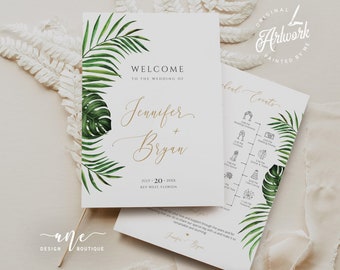 Tropical Wedding Program + Timeline Booklet Printable Template, Palm Leaf Bi-Fold Church Booklet DIY Itinerary Order of Service Ceremony 002