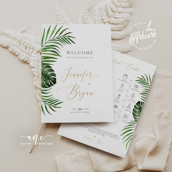 Tropical Wedding Program + Timeline Booklet Printable Template, Palm Leaf Bi-Fold Church Booklet DIY Itinerary Order of Service Ceremony 002