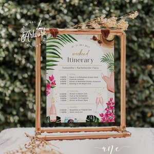 Boho Arch Tropical Bachelorette Party Itinerary Small Sign Template, Editable Birthday Weekend, Bougainvillea Wedding Program Printable 002b