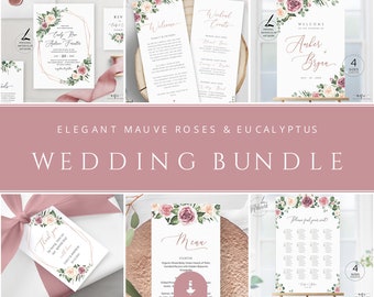 Dusty Rose Floral Wedding Template BUNDLE, Floral Eucalyptus Invitation Big Set, Fully Editable Wedding Signage Printable, DIY Download 007