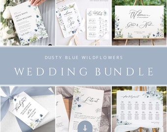 Dusty Blue Wedding Stationery BUNDLE Template, Pastel Boho Editable Invitation Set, Wildflowers Printable Wedding Signs DIY, Downloads 026