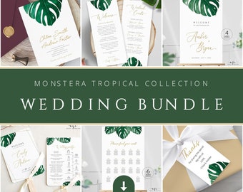 Monstera Wedding Bundle Instant Download, Printable Destination Beach Invitation Set Templates, Tropical Greenery Palm Editable Templett 003