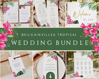 Bougainvillea Tropical Wedding Stationery BUNDLE Template, Printable Floral Destination Beach Invitation Set DIY,Monstera Palm Editable 002b
