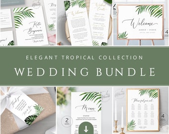 Tropical Wedding Bundle Instant Download,Printable Destination Beach Invitation Set Templates, Monstera Palm Greenery, Editable Templett 002