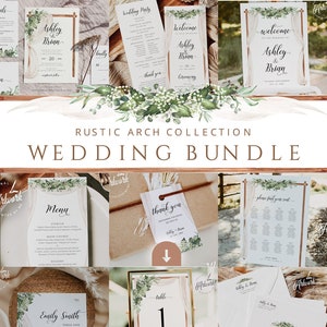 Modelli per matrimoni rustici moderni con verde, inviti romantici con arco a velo, set di segnaletica per matrimoni modificabile, download digitale fai da te 018a