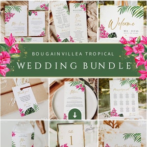 Bougainvillea Tropical Wedding Stationery BUNDLE Template, Printable Floral Destination Beach Invitation Set DIY,Monstera Palm Editable 002b