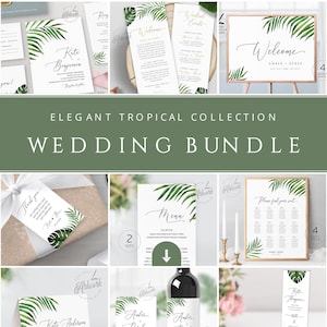 Hand Painted Tropical Wedding Stationery Bundle Printable, Editable Minimalist Destination Beach Invitation Set Signs Templates Download 002