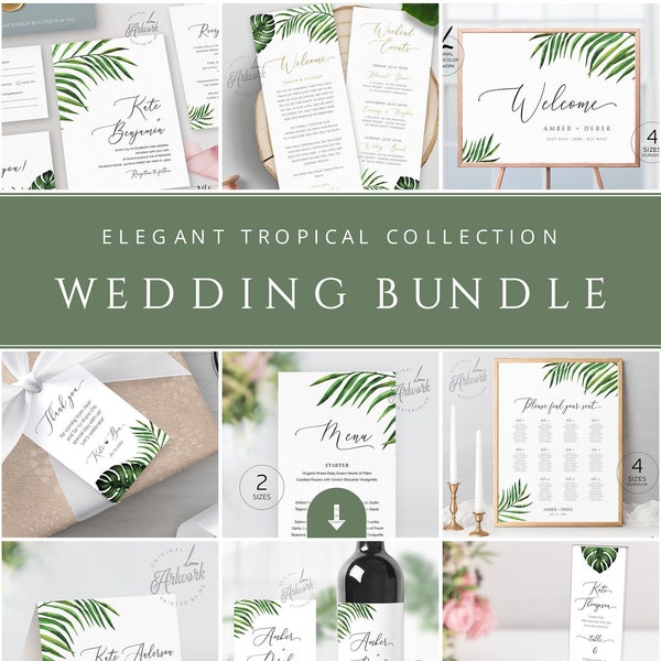 Tropical Wedding Bundle Instant Download,Printable Destination Beach Invitation Set Templates, Monstera Palm Greenery, Editable Templett 002