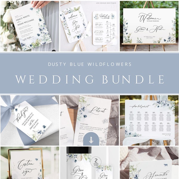 Wildflowers Wedding Stationery BUNDLE Template, Dusty Blue Boho Editable Invitation Suite, Printable Wedding Signage Set DIY, Download 026