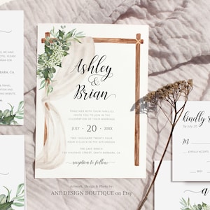 Rustic Arch Greenery Wedding Invitation Set Printable Template, Eucalyptus, Baby's Breath, Country Barn Boho 100% Editable Download DIY 018a