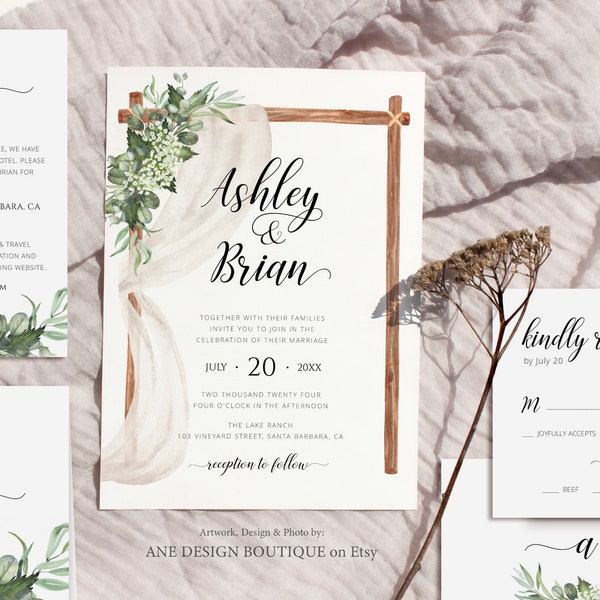 Rustic Arch Greenery Wedding Invitation Set Printable Template, Eucalyptus, Baby's Breath, Country Barn Boho 100% Editable Download DIY 018a