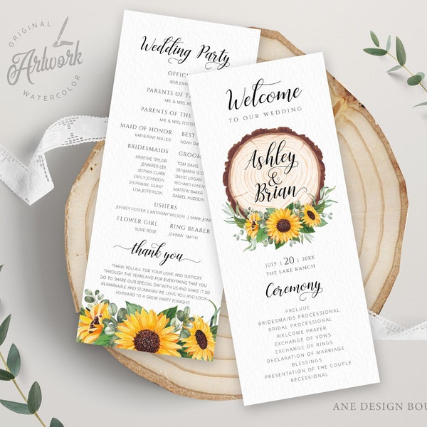 Rustic Sunflowers Printable Wedding Program Template, Log Wood Slice Country Barn Wedding Editable Order of Service, Eucalyptus Greenery 028