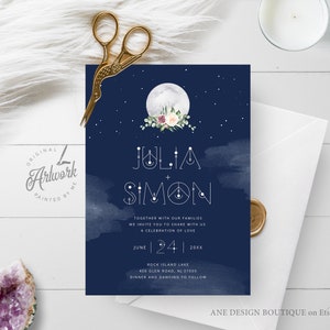 Celestial Moon Wedding Invitation Set Template, Starry Night Sky Wedding Suite, Mystic Sacred Geometry, Navy Blue Galaxy Space, Editable 022 image 4