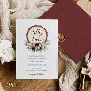 Burgundy Blush Rustic Wedding Invitation Set Modèle imprimable, Wood Slice Greenery, Country Barn Editable Invite Suit Téléchargement numérique 018