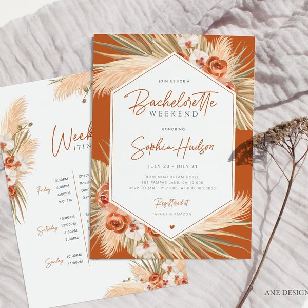 Terracotta Bachelorette Invite Itinerary Editable Template, Boho Pampas Grass Weekend Program, Desert Earthy Palm Printable Download 017b