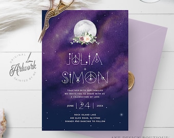 Purple Space Nebula Wedding Invitation Set Template, Starry Night Sky Moon Wedding Suite, Mystic Sacred Geometry, Galaxy Space, Editable 022