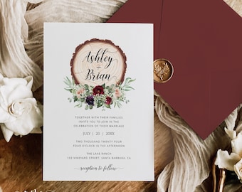 Burgundy Blush Rustic Wedding Invitation Set Printable Template, Wood Slice Greenery, Country Barn Editable Invite Suit Digital Download 018