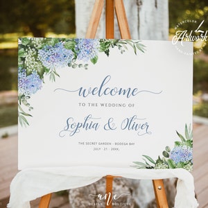 Blaue Hortensie Hochzeit Willkommensschild Vorlage, rustikale grün Boho Hochzeit Braut Baby Shower Zeichen Poster, bearbeitbare druckbare Download 019