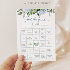 Editable Find the guest Bridal Shower Bingo Game Template, Printable Bridal Bingo, Dusty Blue Hydrangea Wedding Shower, Bachelorette DIY 019