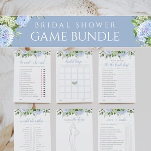 Dusty Blue Hydrangea Bridal Shower Games Bundle Editable Template, Wedding Shower Games, Printable Bachelorette Party Games Download DIY 019